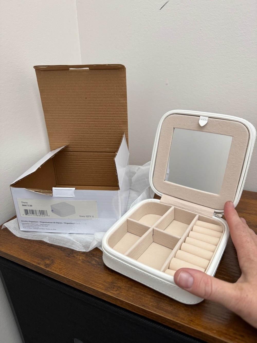 Source Unknown White and Beige Travel Jewelry Case with Mirror